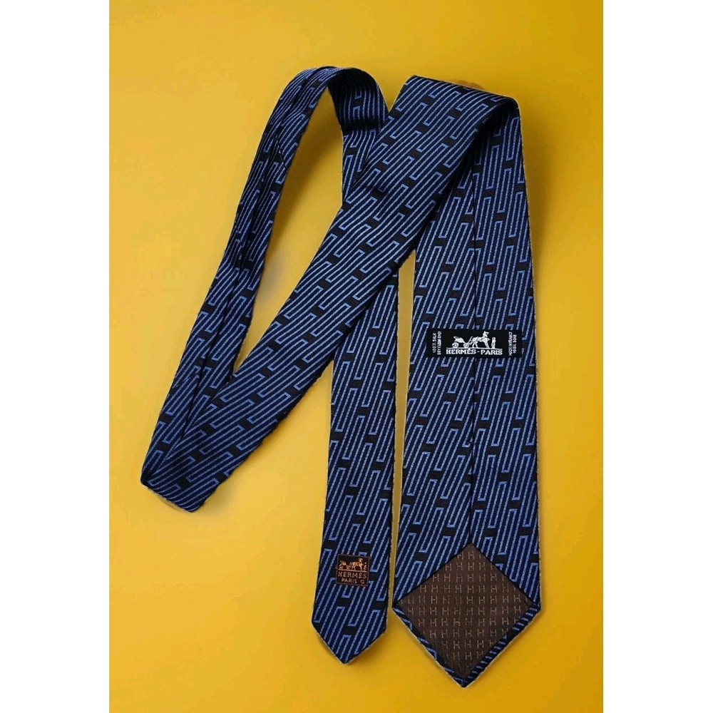 Hermes 100% Silk Tie Made in France Geometric Brown Blue 758865T 3.5x58
